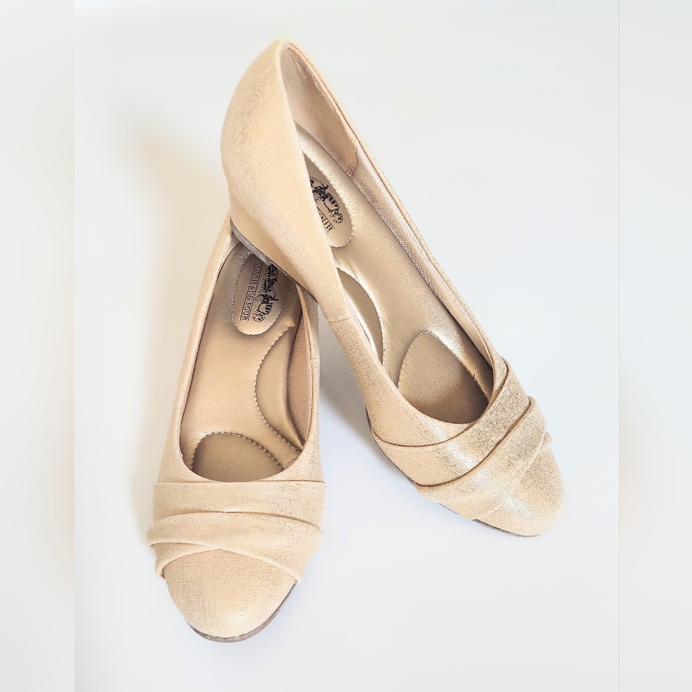 Coach and Four Size 7 Gold Metallic Slip On Wedge Heels
